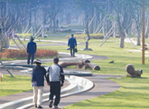 실개천이 나있는 공원에 사람들이 산책하고 있는 모습