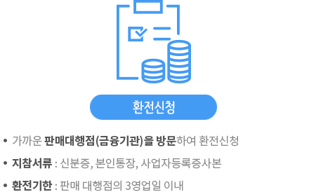 환전신청 - ㆍ가까운 판매대행점(금융기관)을 방문하여 환전신청,ㆍ지참서류 신분증, 본인통장,ㆍ환전기간 판매대행점의 3영업일 이내